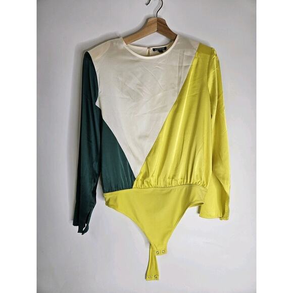 Express Colorblock Green/White Satin Strong Padded Shoulder Thong Bodysuit Large - Picture 2 of 9